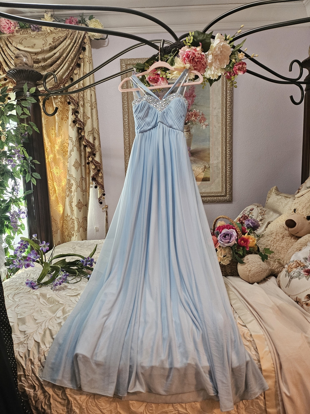 Vintage Y2K Princess Light Blue Beaded Empire Waist Evening Gown